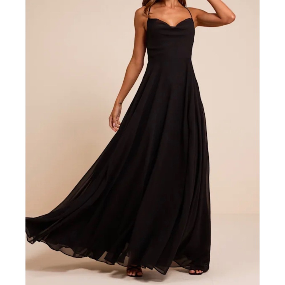 Lulus Romantically Speaking Black Cowl Lace-Up Maxi Dress Size L NWT